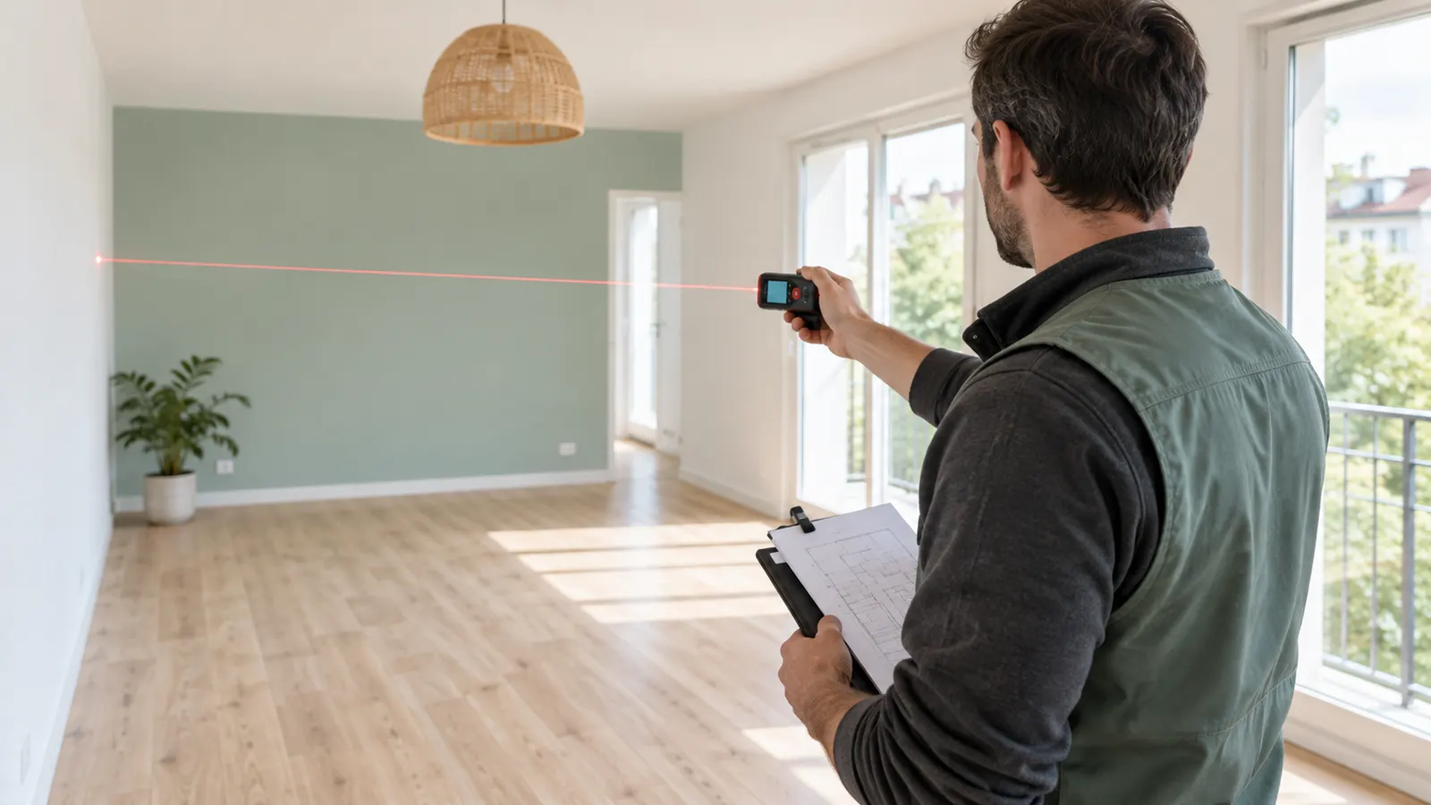 Diagnostiqueur mesurant une pièce au télémètre laser